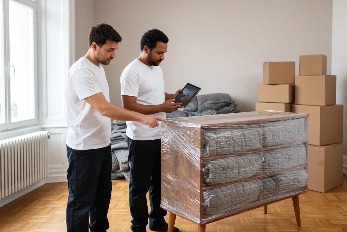 SuperUmzug move Munich — team documenting the condition of a wrapped dresser on a tablet before transport